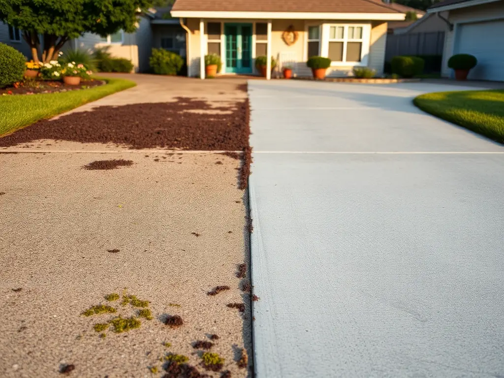 A concrete driveway in Bethesda, MD, half cleaned and half covered in oil stains and dirt, demonstrating the effectiveness of W.D. Pressure Washing's driveway cleaning service.