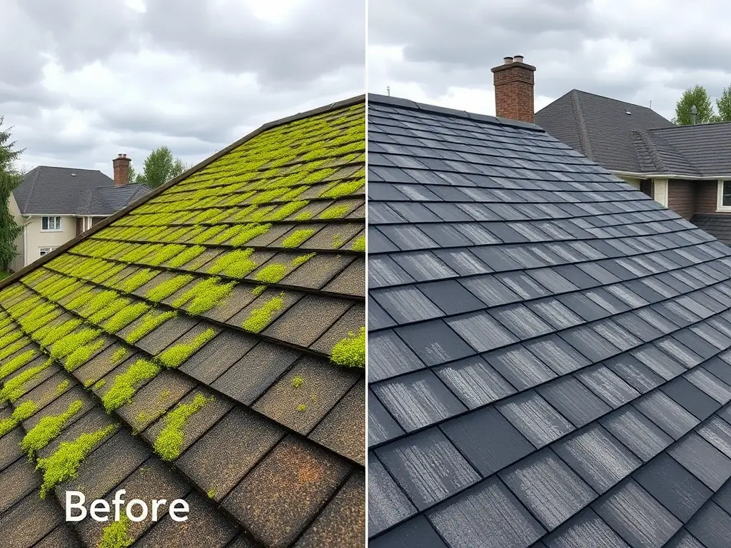 A roof in Bethesda, MD, being gently cleaned with a soft washing technique, removing algae and moss without damaging the shingles. The image emphasizes the safety and effectiveness of soft washing.